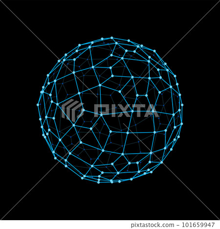 Wireframe sphere and 3d futuristic polygon ball shape. Virtual dimensional grid structure, futuristic wireframe vector hologram or 3d model. Digital technology mesh ball, data visualization 3d sphere 101659947