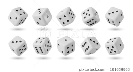 Realistic dices, 3d gamble game cubes. Isolated vector object for gambling and board games. White cubes with random numbers and black pips on facet, for casino, craps and poker, tabletop or boardgames 101659963
