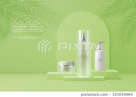 Light green cosmetics podium with bamboo and palm leaves shadow on wall. Vector background with natural moisturizing cosmetic bottles. Showcase with cream jar and tubes with face or skin care products Light green cosmetics podium with bamboo and palm leaves shadow on wall. Vector background with natural moisturizing cosmetic bottles. Showcase with cream jar and tubes with face or skin care products 101659964