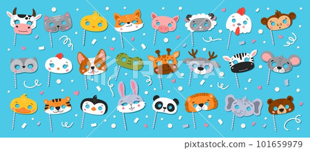 Cartoon carnival party animal masks. Vector cow, cat, chick and pig, sheep, rooster or monkey. Dog, frog, giraffe and deer, zebra, mouse or duck. Tiger, penguin, rabbit and lion with elephant or bear Cartoon carnival party animal masks. Vector cow, cat, chick and pig, sheep, rooster or monkey. Dog, frog, giraffe and deer, zebra, mouse or duck. Tiger, penguin, rabbit and lion with elephant or bear 101659979