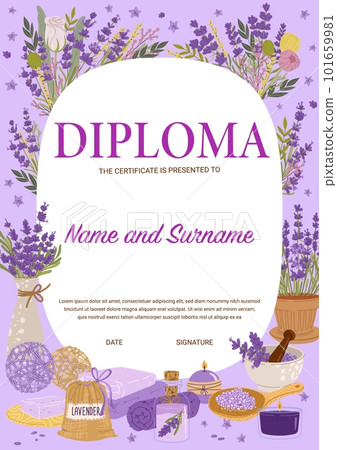 Cosmetologist diploma, lavender cosmetics. Vector certificate for beauty care classes graduation. Frame template for women beautician or therapy salon with cosmetic, flowers, dry herbs and bouquets Cosmetologist diploma, lavender cosmetics. Vector certificate for beauty care classes graduation. Frame template for women beautician or therapy salon with cosmetic, flowers, dry herbs and bouquets 101659981