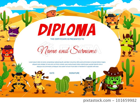 Kids diploma. Cartoon Western cowboy, sheriff and robber fruits characters. Child competition winner vector diploma with pineapple, banana, kiwi and watermelon, guava, peach Wild West funny personages Kids diploma. Cartoon Western cowboy, sheriff and robber fruits characters. Child competition winner vector diploma with pineapple, banana, kiwi and watermelon, guava, peach Wild West funny personages 101659982