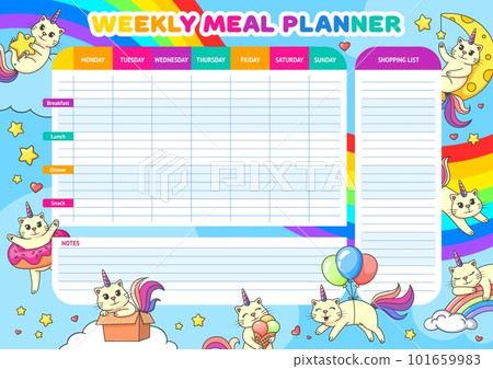 Weekly meal planner. Cartoon funny caticorn cats on rainbow. Vector food plan for week. Calendar menu for breakfast, lunch, dinner and snack with shopping list for grocery purchases, diary template Weekly meal planner. Cartoon funny caticorn cats on rainbow. Vector food plan for week. Calendar menu for breakfast, lunch, dinner and snack with shopping list for grocery purchases, diary template 101659983