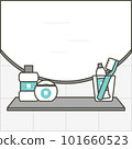 mirror, sink and shelf with toothbrush, toothpaste, floss and mouthwash in the bathroom - dental cartoon vector flat style 101660523