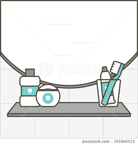 mirror, sink and shelf with toothbrush, toothpaste, floss and mouthwash in the bathroom - dental cartoon vector flat style 101660523