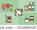 Bad thing for tooth have sweet, candy, ice cream, soft drink, coffee, cigarette and cold water (bad for dental health care and hygiene) - teeth cartoon vector flat style 101660526