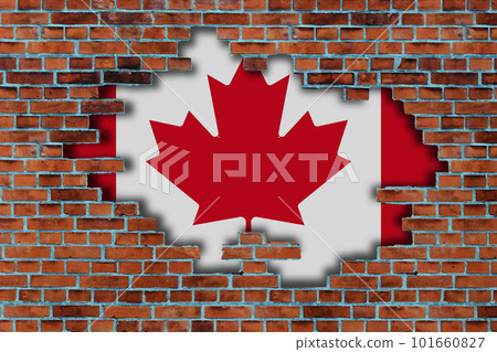 3D Flag of Canada behind the broken old stone wall background. 101660827