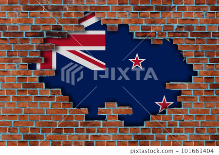 3D Flag of New Zealand behind the broken old stone wall background. 101661404