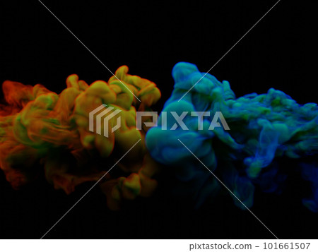 Puffs of red yellow blue smoke on a black background. 3d illustration. Puffs of red yellow blue smoke on a black background. 3d illustration. 101661507