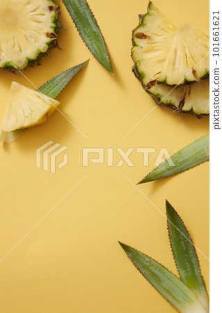 Beauty frame with fresh pineapple (Ananas comosus) slices and green leaves decorated on yellow background. Empty space for text and design. Natural beauty concept, product of pineapple extract. Beauty frame with fresh pineapple (Ananas comosus) slices and green leaves decorated on yellow background. Empty space for text and design. Natural beauty concept, product of pineapple extract. 101661621