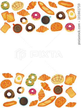 Watercolor touch freshly baked bread, donuts and coffee frame vertical 101661710