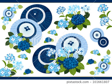 日本紙水彩風格藍色繡球花和日本傘圖標集 日本紙水彩風格藍色繡球花和日本傘圖標集 101661807