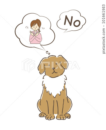 A large pet dog being trained to say no by a young woman in sportswear with a ponytail 101661983