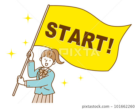 Female high school student waving a big start flag Female high school student waving a big start flag 101662260