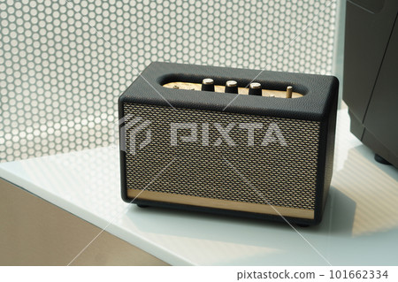 top view gold and black electric radio on white marble floor background, wall steel mesh background, technology, object, decor, music, modern, gift, fashion, copy space 101662334