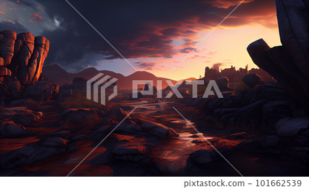 Generative AI, Layers of Light: A Vibrant Mountain Range at Sunset 101662539