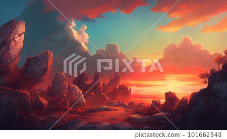 Generative AI, Layers of Light: A Vibrant Mountain Range at Sunset Generative AI, Layers of Light: A Vibrant Mountain Range at Sunset 101662548