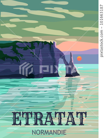 Vintage Travel poster Etretat France, sunset seascape rock cliff 101663187