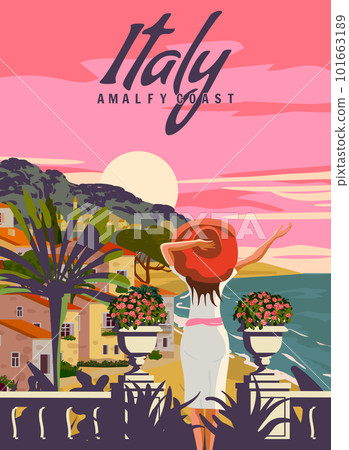 Italy, Lady on vacation, Riviera coast poster vintage, palm, resort, coast, sea, beach Italy, Lady on vacation, Riviera coast poster vintage, palm, resort, coast, sea, beach 101663189