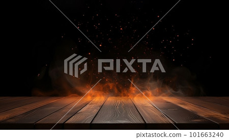 Wooden Table with Flame Effect on Dark Background. created with Generative AI Wooden Table with Flame Effect on Dark Background. created with Generative AI 101663240