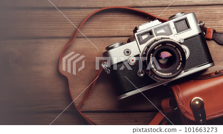 Vintage Film Camera with Case. created with Generative AI 101663273