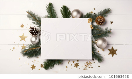 Christmas Decor and Blank Card on White Wooden Table - Space for Text. created with Generative AI 101663438