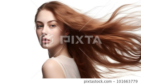 Dynamic Hair: Portrait of a Young Woman Model Posing with Swinging Head Motion. created with Generative AI 101663779