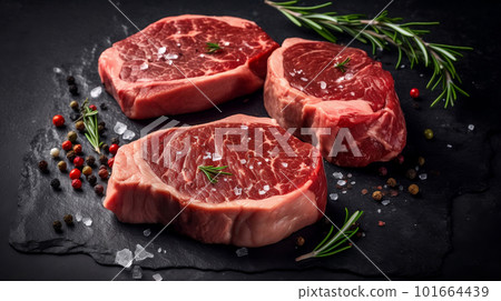 Gourmet Delights: Raw Steaks on Dark Shale Background for Culinary Inspirations. created with Generative AI 101664439