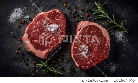 Gourmet Delights: Raw Steaks on Dark Shale Background for Culinary Inspirations. created with Generative AI 101664440
