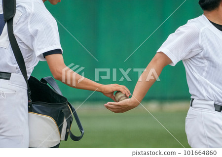 The hand of the coach before hitting the knock that is handed the ball by the player during the seat knock before the baseball game 101664860