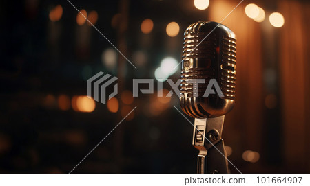 Vintage Microphone on Stage with Bokeh Lights Background. created with Generative AI 101664907