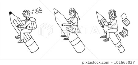 Hand drawn diverse students with different pencils 101665027
