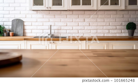 Wooden Kitchen Table for Product Display Montage with Kitchen Background. created with Generative AI 101665248