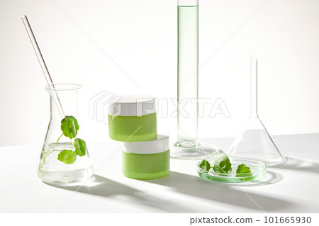 Empty label jars and an erlenmeyer flask with a glass rod and gotu kola leaves. Laboratory concept for cosmetic product extracted from Gotu kola (Centella asiatica) Empty label jars and an erlenmeyer flask with a glass rod and gotu kola leaves. Laboratory concept for cosmetic product extracted from Gotu kola (Centella asiatica) 101665930