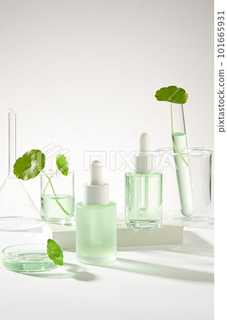 Laboratory concept with some glassware and empty label bottles with dropper to promote product extracted from Gotu kola (Centella asiatica). Gotu kola effectively anti-aging skin 101665931