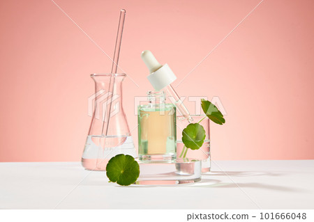 Mockup scene for cosmetic of gotu kola extract with laboratory concept. Serum bottle without label on transparent podium, fresh gotu kola leaves on beaker, on pink background. Natural skincare beauty 101666048