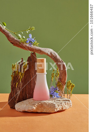 A stone with an empty label jar in pink color placed on, decorated with trees and flowers. Mugwort (Artemisia vulgaris) helps removing dirt and grime from the skin A stone with an empty label jar in pink color placed on, decorated with trees and flowers. Mugwort (Artemisia vulgaris) helps removing dirt and grime from the skin 101666487