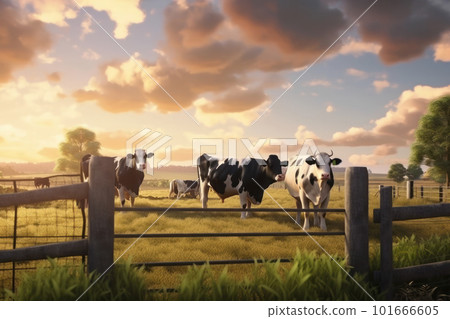 Breathtaking view of cows grazing on a vast green meadow, under the bright sunny sky. perfect illustration of sustainable and organic agriculture, harmony with the natural environment. Generative AI. Breathtaking view of cows grazing on a vast green meadow, under the bright sunny sky. perfect illustration of sustainable and organic agriculture, harmony with the natural environment. Generative AI. 101666605