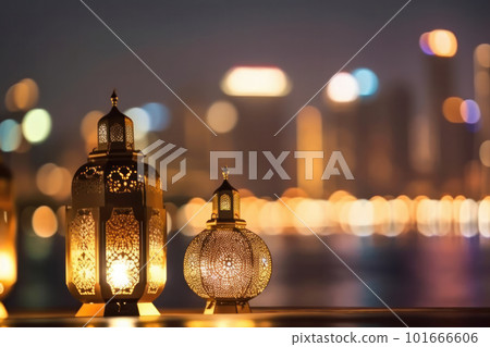 The warm glow of a lantern and the bokeh city lights create a magical atmosphere for the Muslim feast of Ramadan Kareem. Ai Generative 101666606