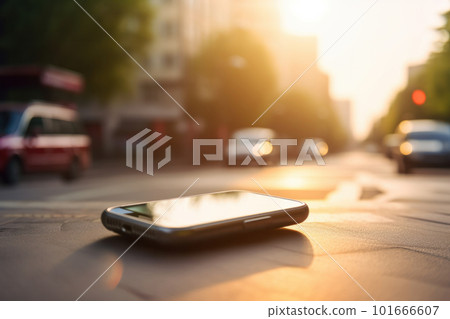 The trash of consumerism: an abandoned cell phone discarded on the sidewalk, forgotten and useless. Is AI Generative. 101666607