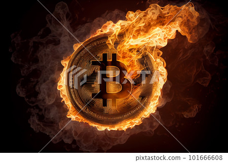 Burning in fire golden bitcoin on black background, Bitcoin coin in flames, burn cryptocurrency bit coin money, crash and blockchain bubble, Generative AI Burning in fire golden bitcoin on black background, Bitcoin coin in flames, burn cryptocurrency bit coin money, crash and blockchain bubble, Generative AI 101666608