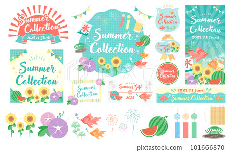 Pop and cute summer image illustration and summer frame collection set _ blue green _ no text 101666870