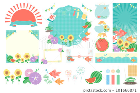 流行和可愛的夏季圖像插圖和夏季框架集合集_藍綠色_無文字 流行和可愛的夏季圖像插圖和夏季框架集合集_藍綠色_無文字 101666871