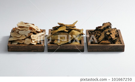 Three wooden trays contained Bai Zhu, Rhubarb root and rhizome and Szechuan Lovage Rhizome. Herbs for health enhancing, very useful in traditional medicine Three wooden trays contained Bai Zhu, Rhubarb root and rhizome and Szechuan Lovage Rhizome. Herbs for health enhancing, very useful in traditional medicine 101667250
