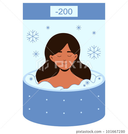 Peaceful woman in a cryosauna ice therapy vector illustration for benign and malignant lesions. Peaceful woman in a cryosauna ice therapy vector illustration for benign and malignant lesions. 101667280