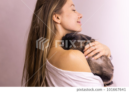 Funny cute brown rabbit in pet's owner hands close-up. Bunny pet at home Funny cute brown rabbit in pet's owner hands close-up. Bunny pet at home 101667641