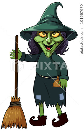 Old Witch Holding on a Broomstick Cartoon Character 101667670