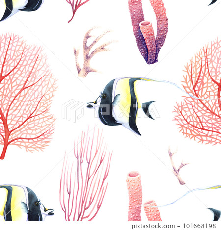 Watercolor seamless pattern with sea reef corals and tropical fish. Illustration isolated on white for wrapping, fabric, Watercolor seamless pattern with sea reef corals and tropical fish. Illustration isolated on white for wrapping, fabric, 101668198