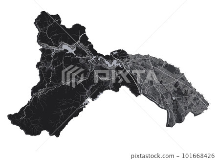 Sagamihara map. Detailed black map of Sagamihara city poster with roads. Cityscape urban vector. Black land with white roads and avenues. 101668426