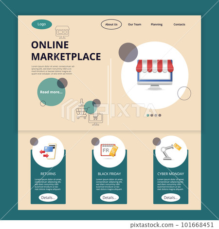 Online marketplace flat landing page website template. Returns, black friday, cyber monday. Web banner with header, content and footer. Vector illustration. 101668451